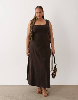 Asos Curve Asos Design Curve Square Neck Seam Detail Midi Dress In Black