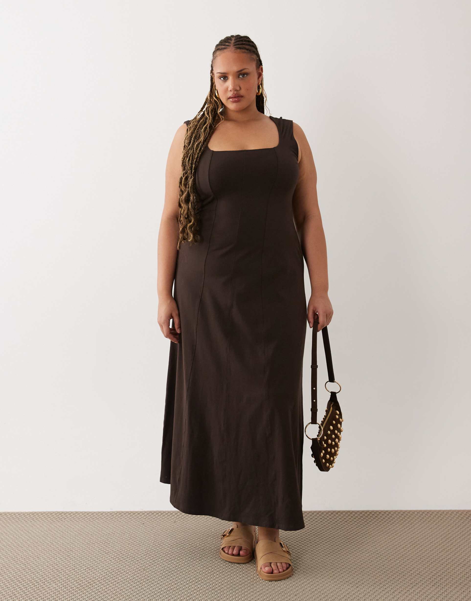 asos design curve square neck seam detail midi dress in chocolate