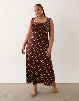 ASOS DESIGN Curve square neck seam detailing midi dress in polka dots-Multi