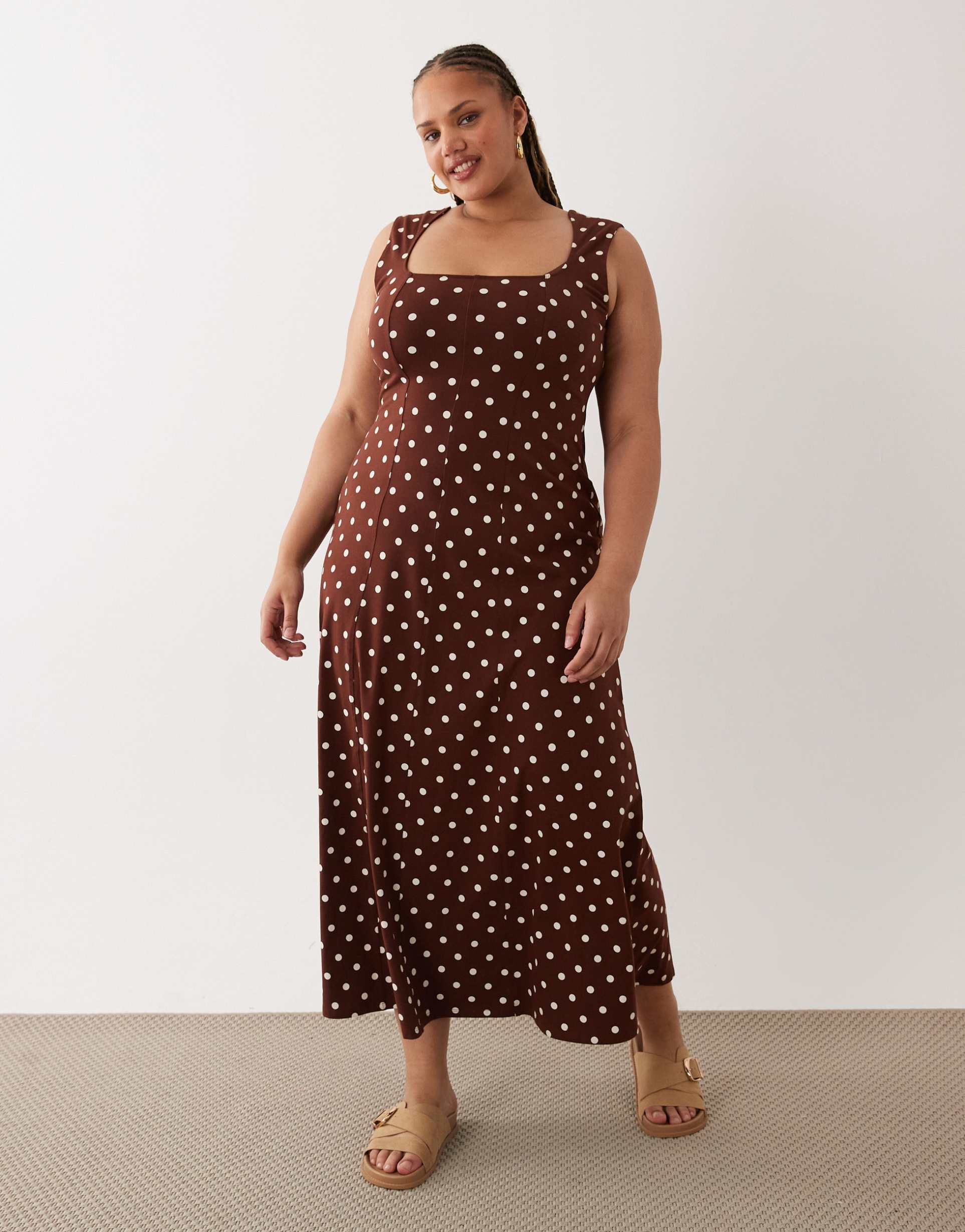 asos design curve square neck seam detailing midi dress in polka dots