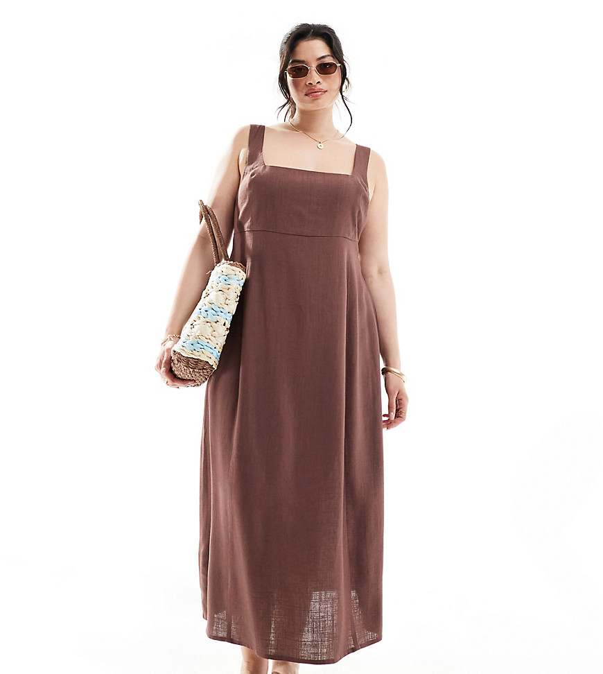 ASOS DESIGN Curve square neck tie back maxi sundress in chocolate-Brown