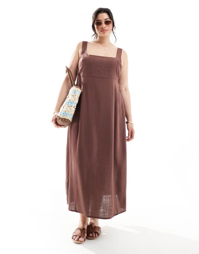 ASOS Curve - ASOS DESIGN Curve square neck tie back midi sundress in chocolate