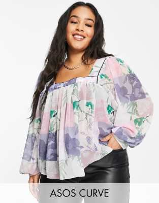 ASOS DESIGN Curve square neck top with blouson sleeve in patchwork floral-Multi