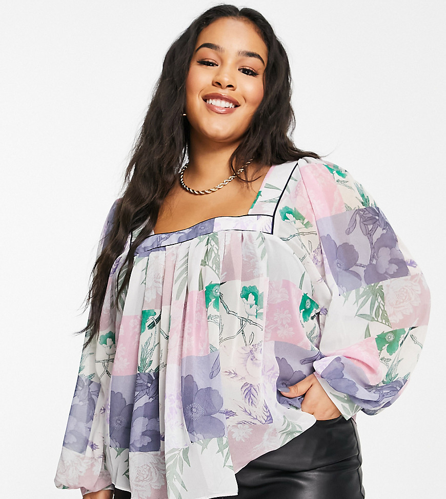 ASOS DESIGN Curve square neck top with blouson sleeve in patchwork floral-Multi