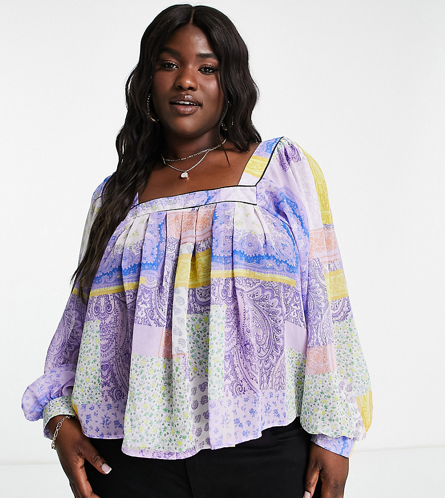 Plus-size top by ASOS DESIGN Waist-up dressing All-over print Square neck Blouson sleeves Regular fit