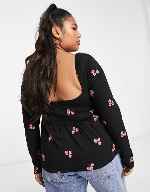 ASOS DESIGN Curve square neck top with red floral embroidery in