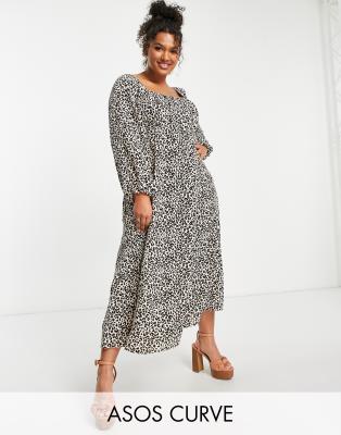Asos Curve Asos Design Curve Square Ruched Neck Midi Dress In Animal Print-multi