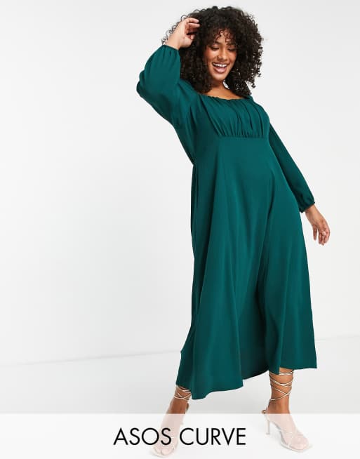 ASOS DESIGN Curve square ruched neck midi dress in bottle green