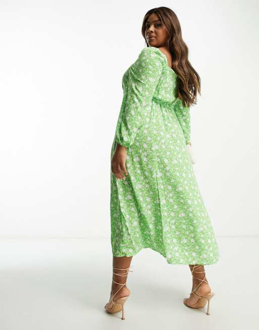 ASOS DESIGN Curve square ruched neck midi dress in green floral , 2 of 4