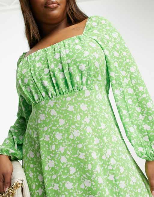 ASOS DESIGN Curve square ruched neck midi dress in green floral , 3 of 4