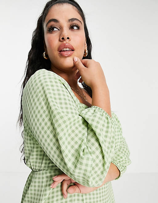 Dresses Curve square ruched neck midi dress in green gingham 