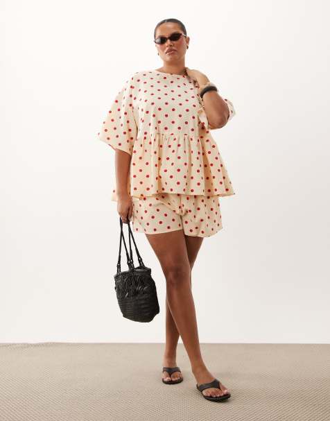 ASOS DESIGN Curve - Sæt med shorts med bindebånd i taljen, lommedetalje og polkaprikker - view 1