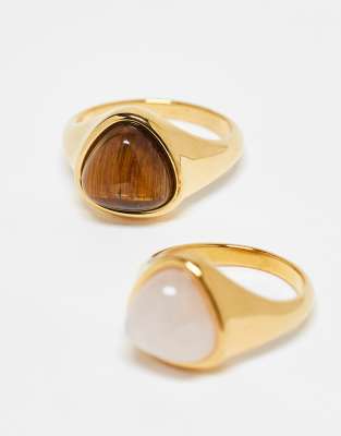 Asos Curve Asos Design Curve Stainless Steel 2 Pack Of Rings With Semi Precious Stones In Gold