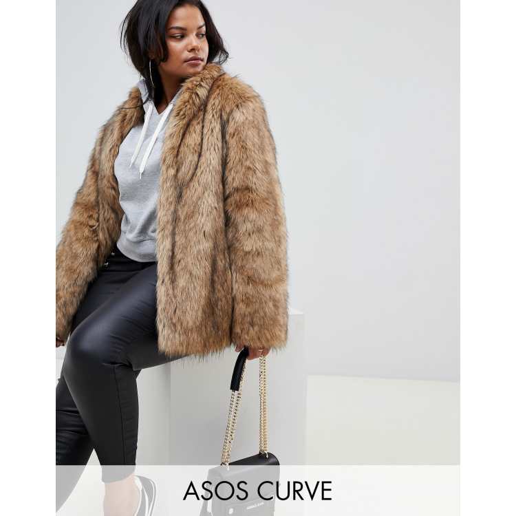 ASOS DESIGN Tall stand collar faux fur coat in brown