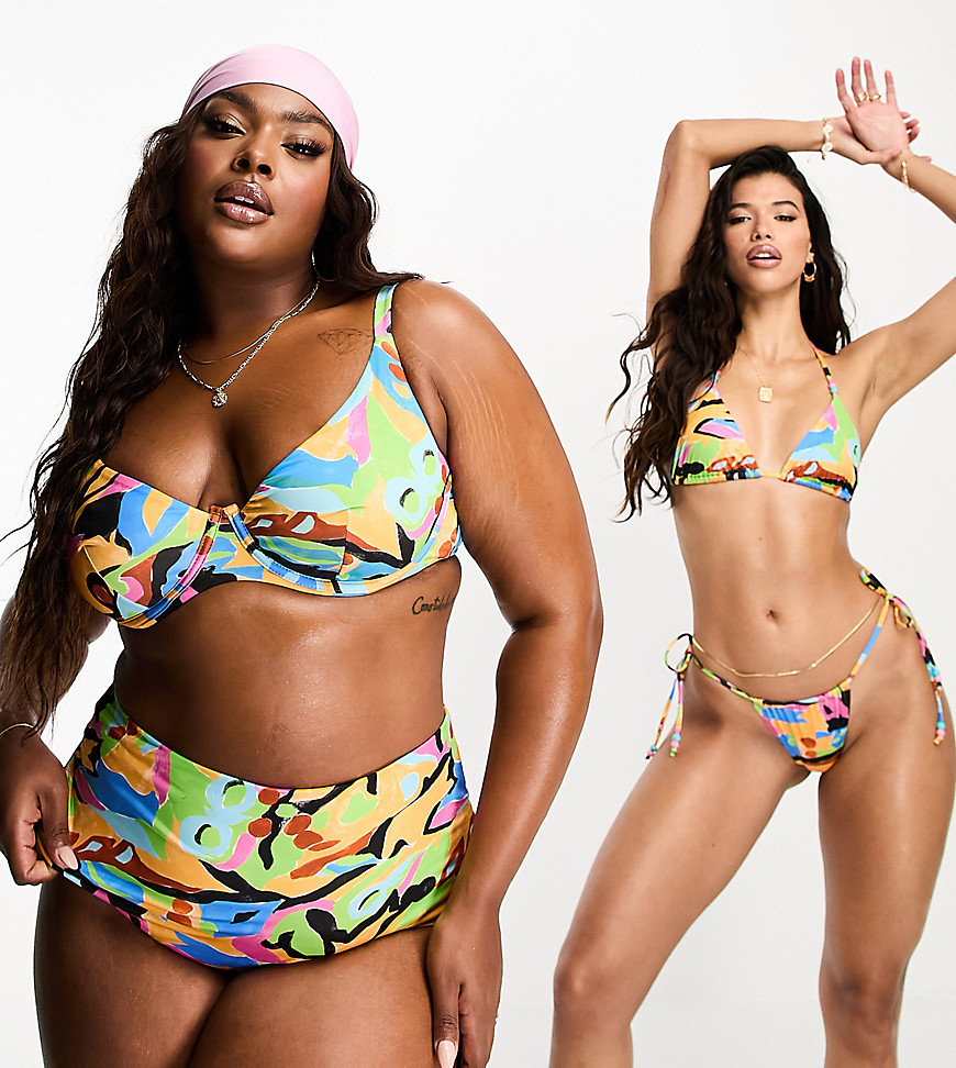 Asos Curve Asos Design Curve Step Front Underwire Bikini Top In Abstract Print-multi