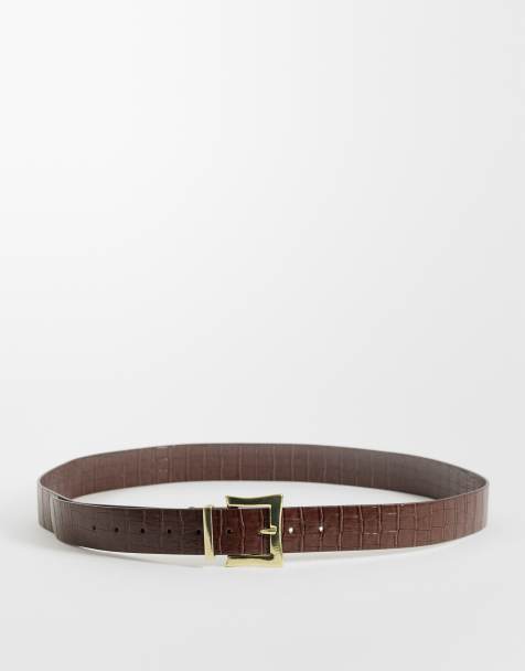 ASOS DESIGN Curve stevige heup- en tailleriem met vierkante gesp in chocoladebruine krokoprint - view 1