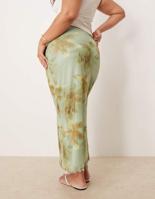 ASOS DESIGN Curve – Storblommig midikjol i mesh, 4 av 5