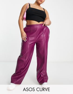 ASOS DESIGN CURVE STRAIGHT FAUX LEATHER JOGGER PANTS IN PLUM-RED