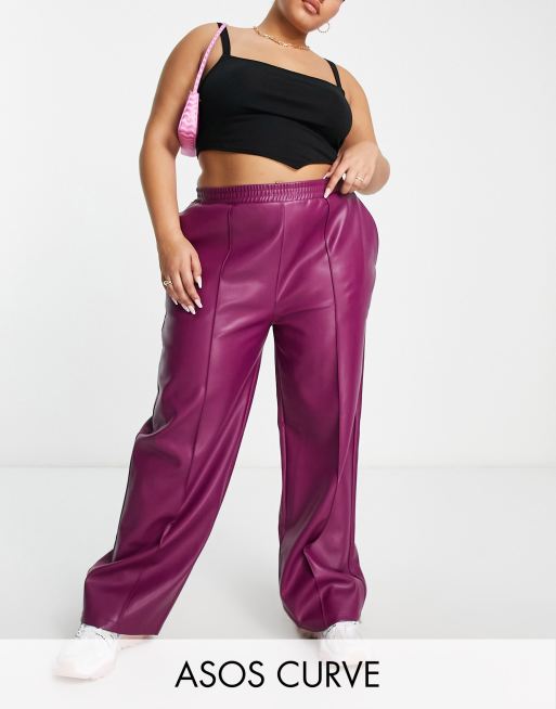 ASOS DESIGN Curve straight faux leather jogger pants in plum