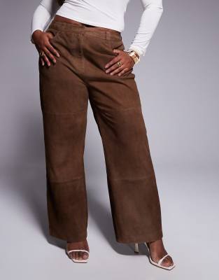 ASOS DESIGN Curve straight leg suede paneled pants in mocha