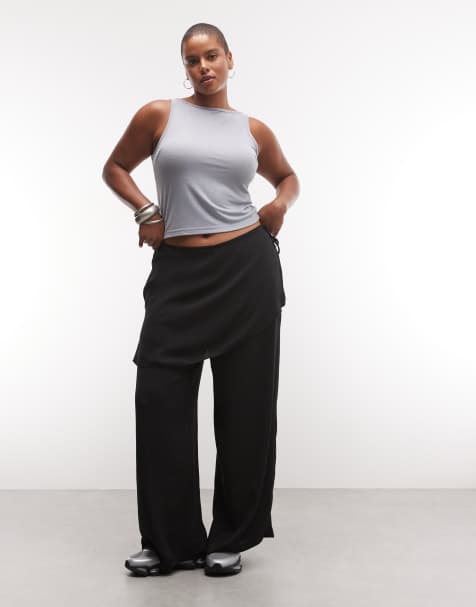 ASOS DESIGN Curve straight leg trousers with skirt detail in linen look in black - view 1