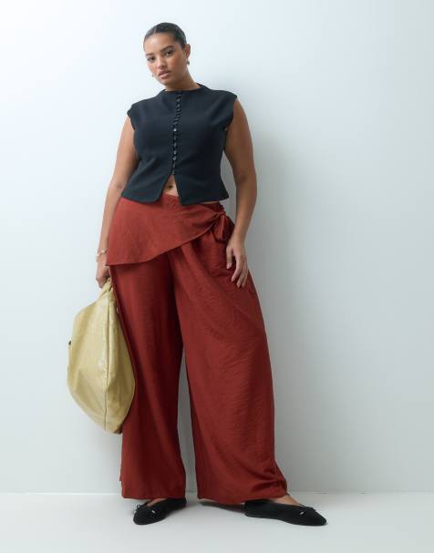 ASOS DESIGN Curve straight leg wrap skirt detail trousers in brown - view 1
