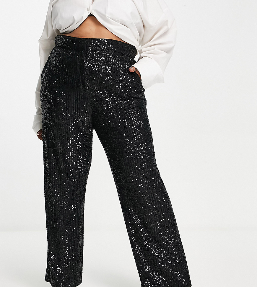 ASOS DESIGN Curve straight sequin ankle grazer trousers in black