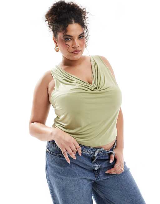 ASOS DESIGN Curve - Stram og kakigrøn tanktop med vandfaldsudskæring