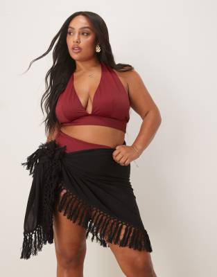ASOS DESIGN Curve - Strand-Sarong in Schwarz mit Fransen