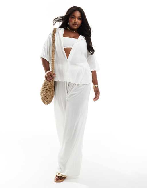 ASOS DESIGN Curve - Strandbroek met wijde pijpen en textuur in wit, deel van co-ord set
