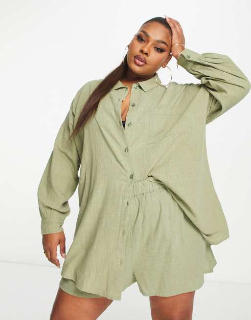ASOS DESIGN Curve - Strandoverhemd met textuur en knopen in kaki, deel van co-ord set