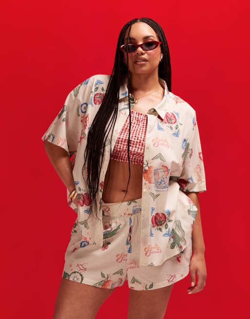 ASOS DESIGN Curve - Strandskjorte med postkortprint i hørlook i firkantet pasform - Del af sæt