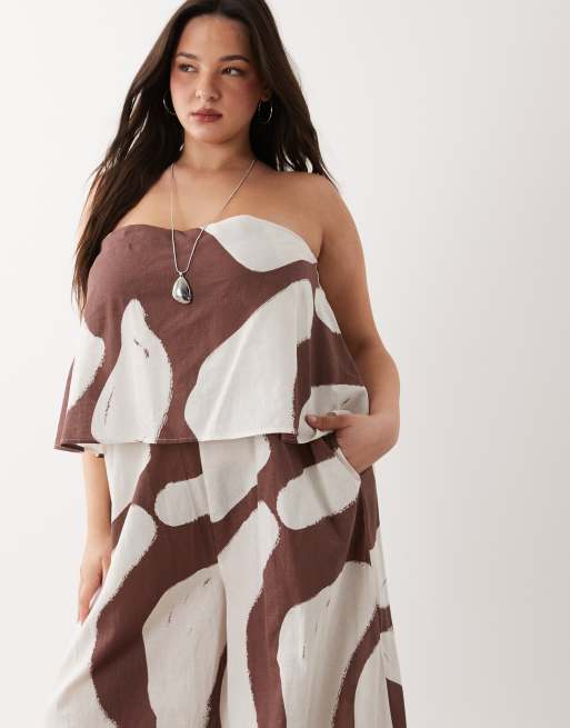 ASOS DESIGN Curve strapless double layer jumpsuit in brown print, 2 of 4