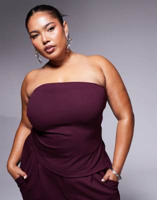 Asos Curve Asos Design Curve Strapless Ruched Side Top In Burgundy - Part Of A Set-red