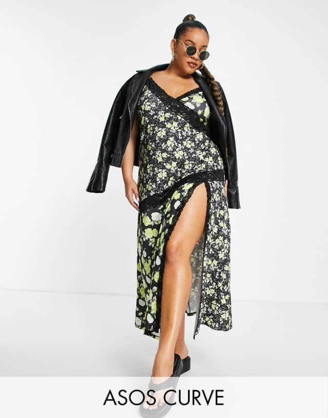 ASOS DESIGN Curve strappy maxi dress with lace trim in mix match floral