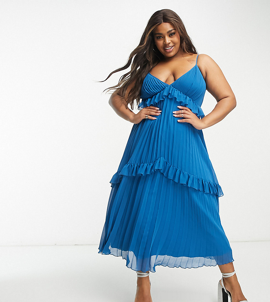 ASOS DESIGN Curve strappy pleated midi dress with frills in blue