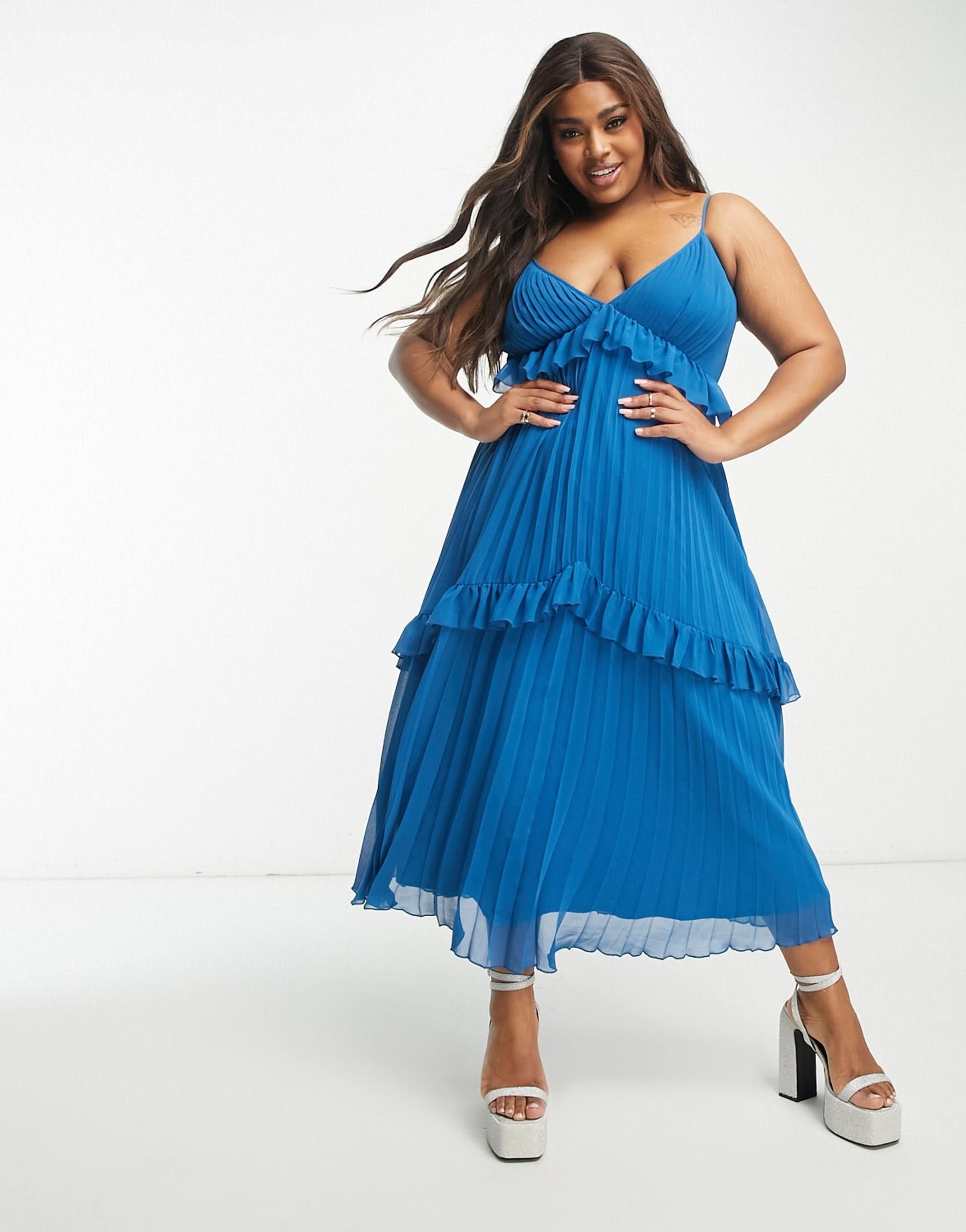 asos design curve strappy pleated midi dress with frills in blue