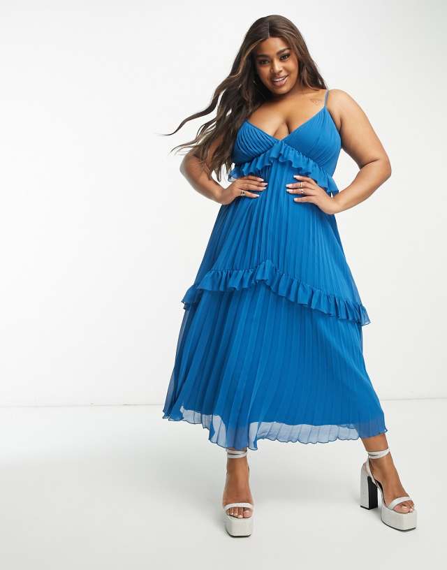 ASOS Curve - ASOS DESIGN Curve strappy pleated midi dress with frills in blue