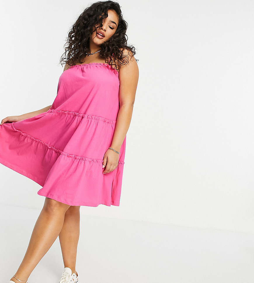 ASOS DESIGN Curve strappy sundress with tiered frill detail in hot pink