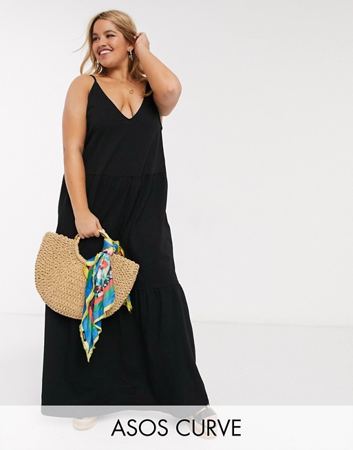 ASOS DESIGN Curve strappy tiered maxi dress in black