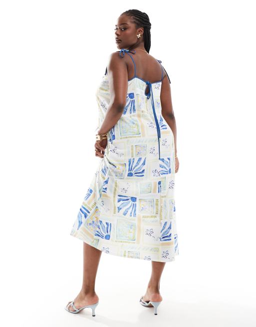 ASOS DESIGN Curve strappy trapeze maxi dress with contrast straps in summer tile print ASOS