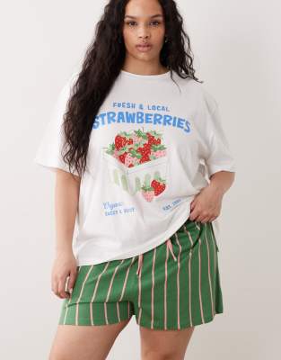 Asos Curve Asos Design Curve Strawberry Oversized Tee And Striped Shorts Pajama Set In White