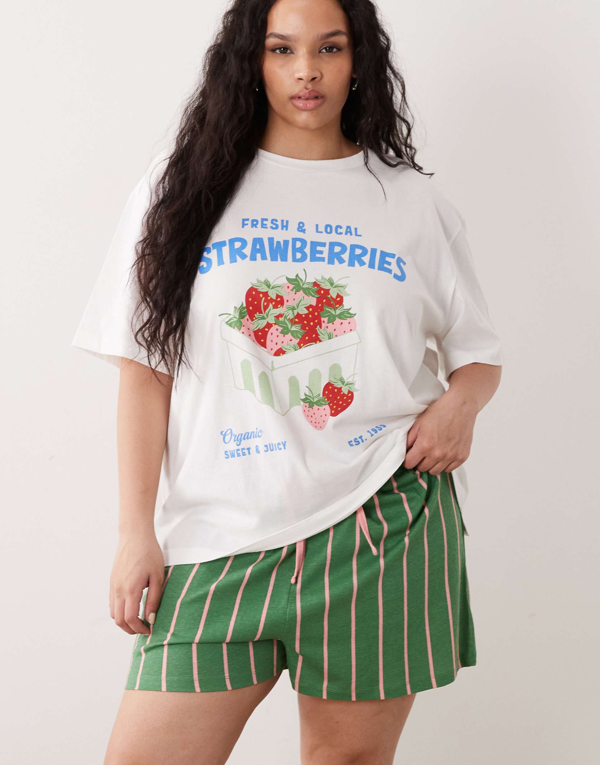asos design curve strawberry oversized tee and striped shorts pajama set in cream