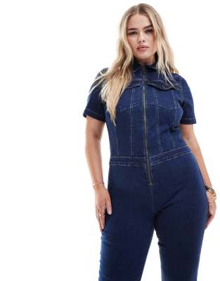 Shop ASOS Curve DESIGN stretch 70s jumpsuit blue Online – Trendy & Affordable Fashion