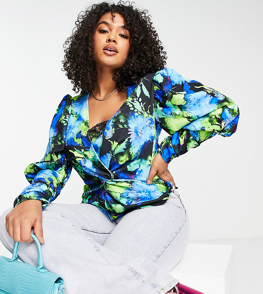 Plus-size top by ASOS DESIGN Our kind of flowers Plunge neck Volume sleeves Lace underlay Twist front Regular fit