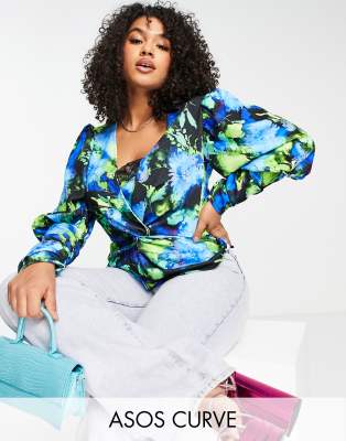 ASOS DESIGN Curve stretch blouse with lace detail in blue abstract floral