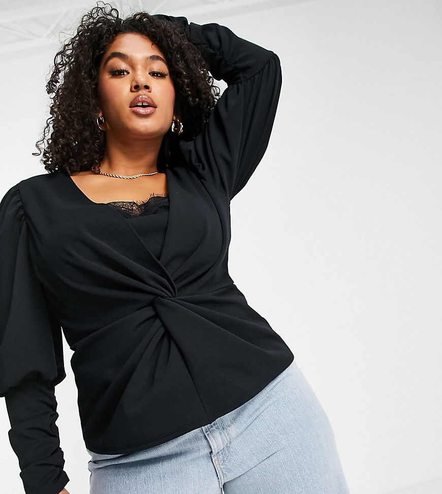 Plus-size top by ASOS DESIGN Add-to-bag material Wrap twist front Volume sleeves Twist front Lace-trim underlay Slim fit