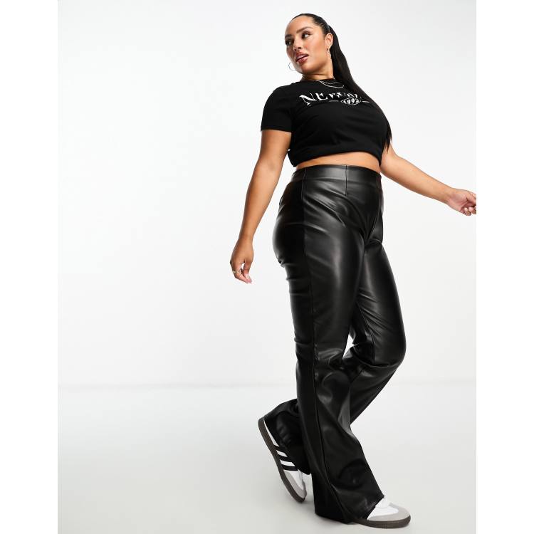 ASOS DESIGN Curve stretch faux leather flare trouser in black