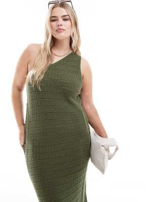 ASOS DESIGN Curve - Strick-Maxikleid in Khaki mit One-Shoulder-Träger-Grün