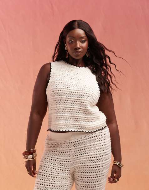 ASOS DESIGN Curve – Strick-Tanktop in Creme mit Zierstreifen, Kombiteil - view 1